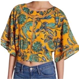 Jealous Tomato Blue Yellow/Orange Open Back Tropical Crop Blouse EUC sz S